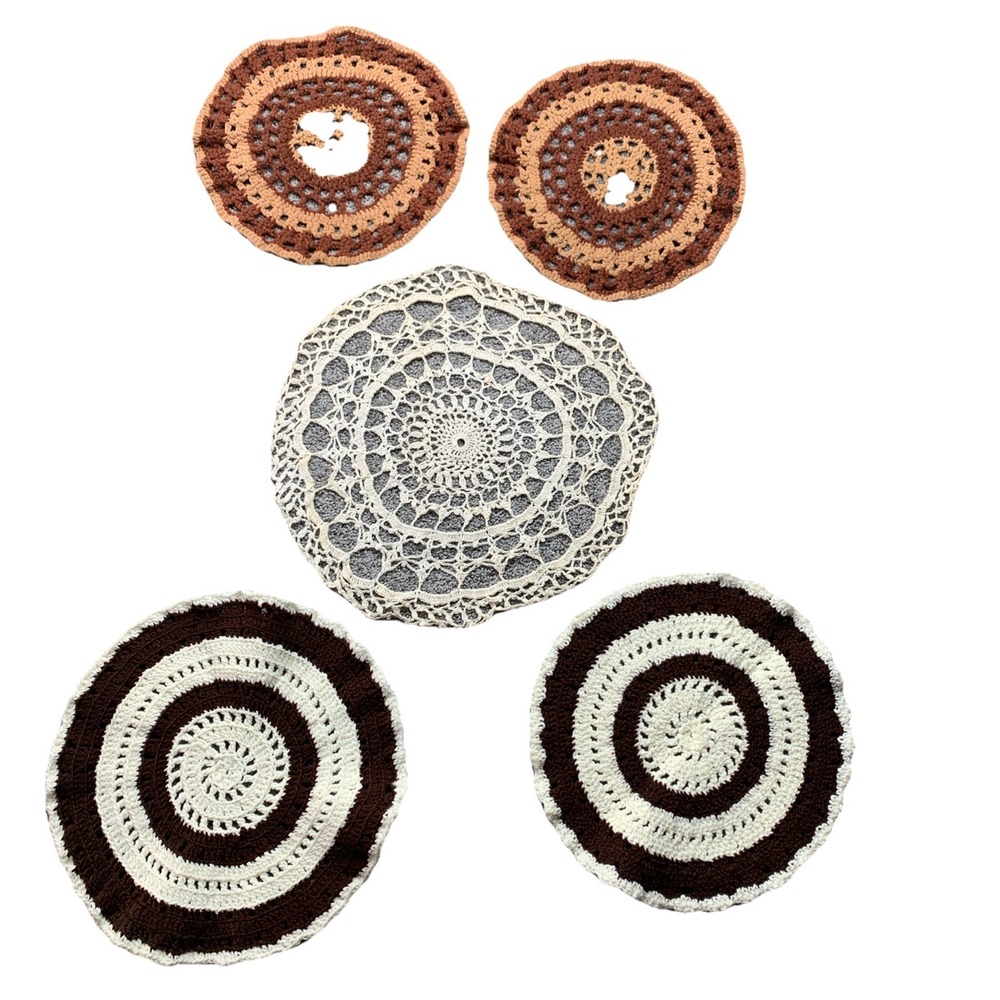 5 Vintage Crochet Christmas Doily 13" Browns and White Cottage Table Topper BOHO